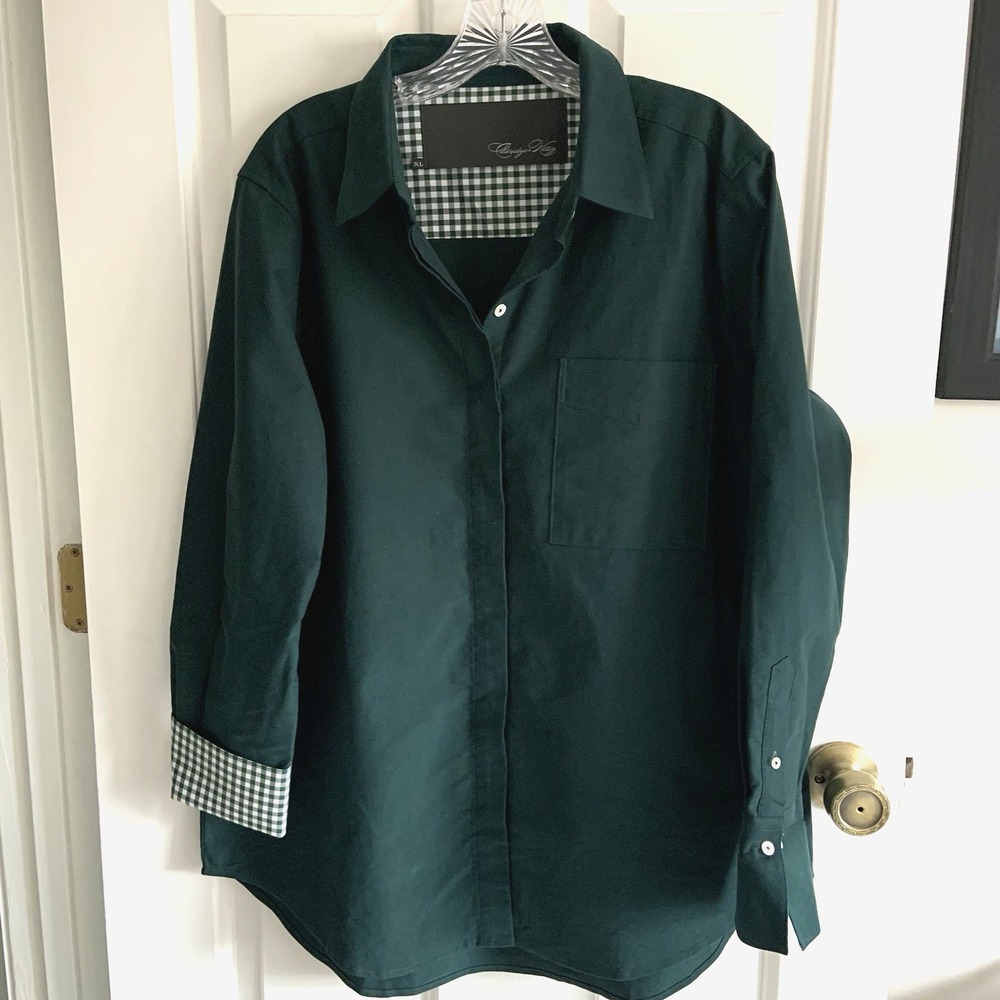 Claridge & King Women's XL Dark Green Button up Shirt with Gingham flip cuffs